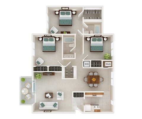 Floor plan for 3 beds, 2 baths, 1124 sqft